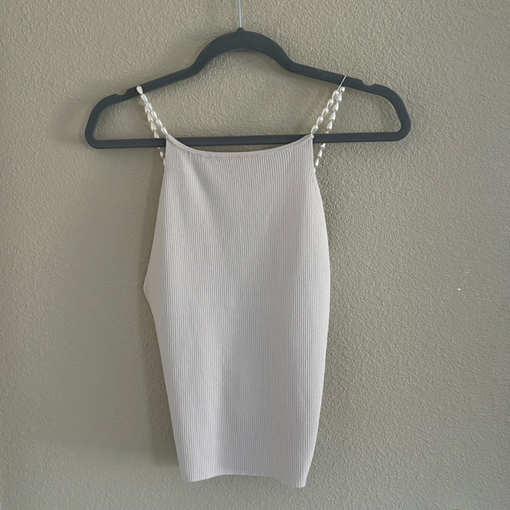 House of Harlow | L | pearl strap spaghetti ribbed cream tank top NWOT